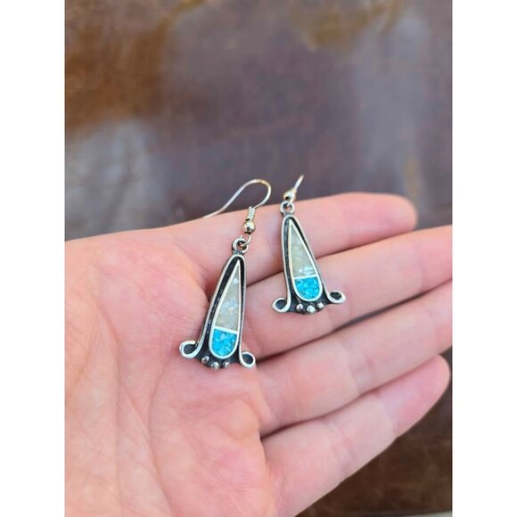 Sterling Silver & Crushed Turquoise/Mother of Pearl Inlay Dangle Earrings - Picture 5 of 7